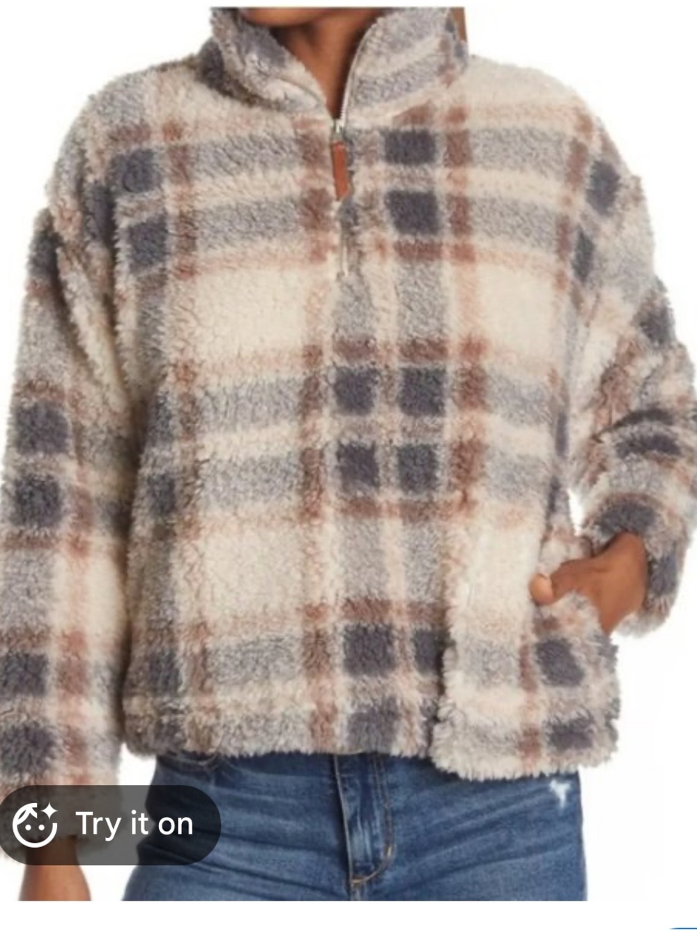 Thread & Supply ivory mauve gray Plaid Sherpa Quarter-Zip Jacket shacket M